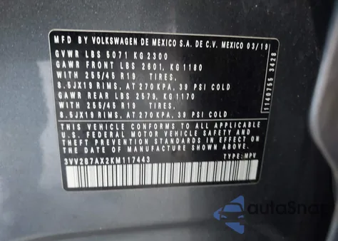 2019 Volkswagen Tiguan 2.0T Se/2.0T Sel/2.0T Sel R-Line/2.0T Sel R-Line Black из США, поврежденный, VIN 3VV2B7AX2KM117443